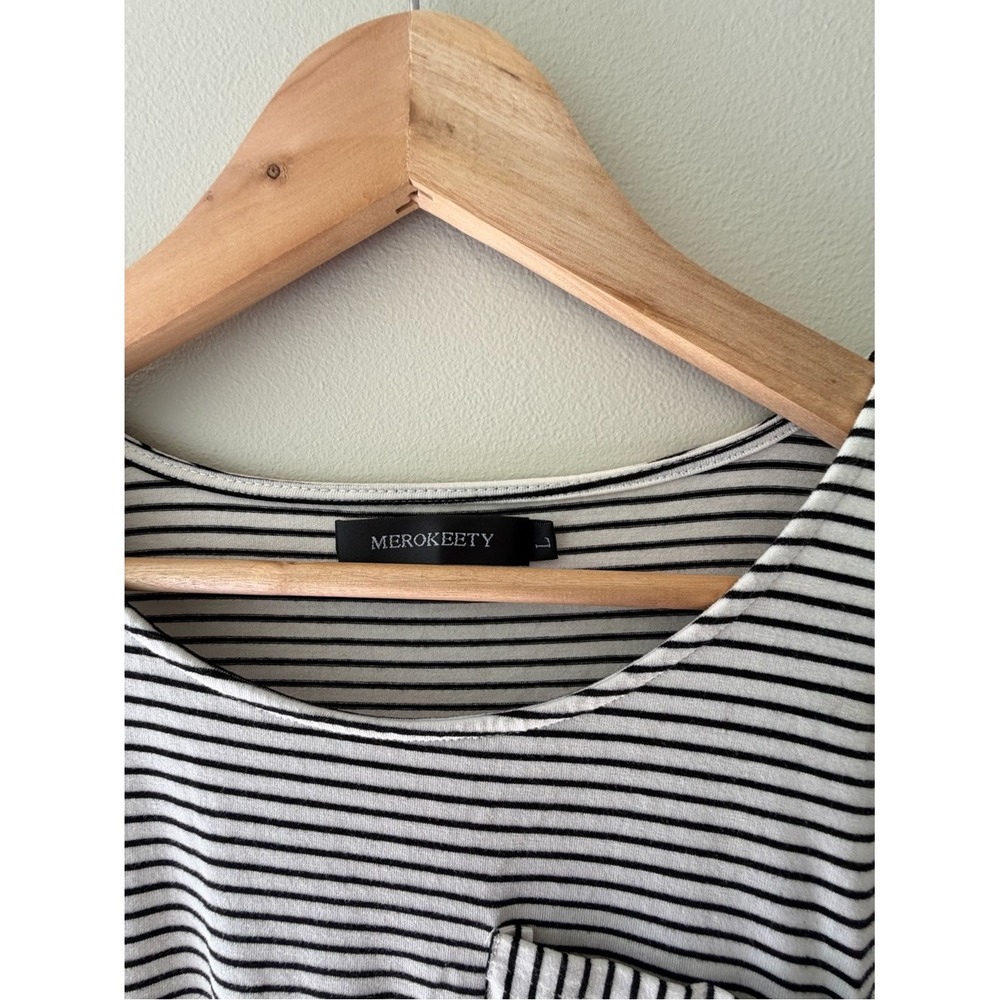 Nautical Minimalist Merokeety Midi Dress L Black White Striped 3/4 Sleeve Pocket - Picture 4 of 7